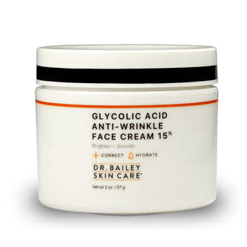 Exfoliating anti-wrinkle face cream with 15% glycolic acid improves wrinkles, fine lines, and age spots.