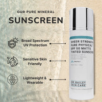 Dr. Bailey Skin Care sunscreen bottle with features listed on a textured background
