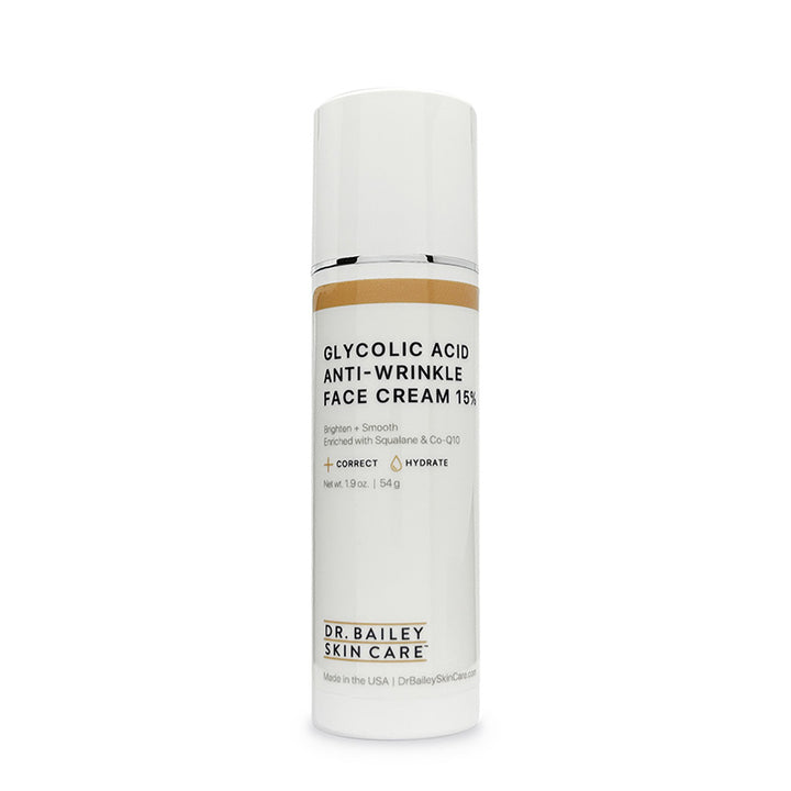 Exfoliating anti-wrinkle face cream with 15% glycolic acid improves wrinkles, fine lines, and age spots.