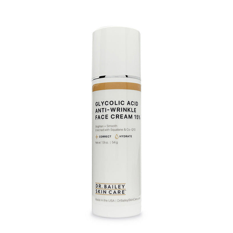 Exfoliating anti-wrinkle face cream with 15% glycolic acid improves wrinkles, fine lines, and age spots.
