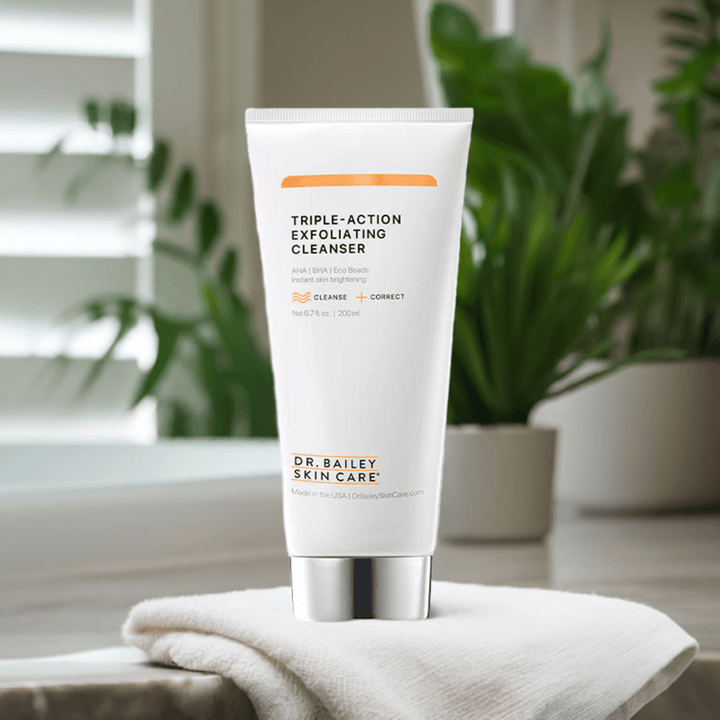Triple-Action Exfoliating Cleanser with AHA and BHA for dull dead cells, pigmentation.