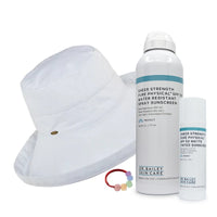 Sun Savvy Around Town Sun Protection Kit with Pure Physical Matte Tinted and Waterproof sunscreen and hat.