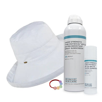 Sun Savvy Around Town Sun Protection Kit with Pure Physical Matte Tinted and Waterproof sunscreen and hat.