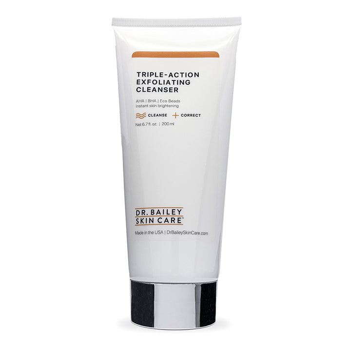 Triple-action exfoliating cleanser with with AHA and BHA, glycolic acid, and salicylic acid to brighten skin.