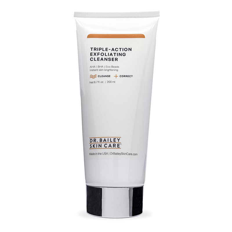 Triple-action exfoliating cleanser with with AHA and BHA, glycolic acid, and salicylic acid to brighten skin.