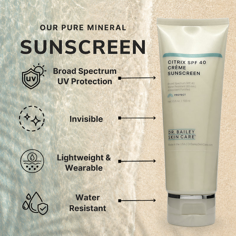 Dr. Bailey Skin Care sunscreen bottle with product features on a textured beige background