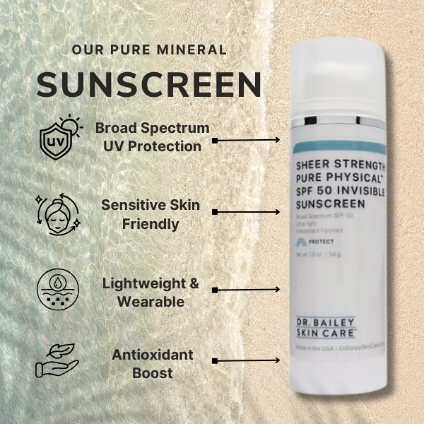 Dr. Bailey Skin Care sunscreen bottle with product features on a textured beige background