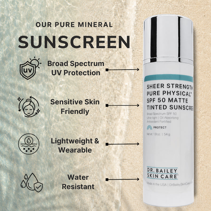 Dr. Bailey Skin Care sunscreen bottle with features listed on a textured background