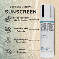 Dr. Bailey Skin Care sunscreen bottle with features listed on a textured background