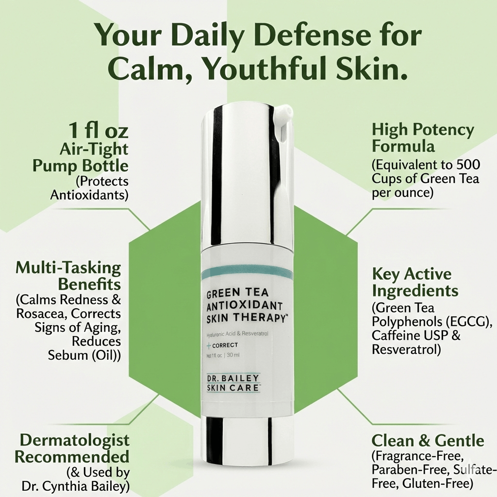Dermatologist-grade green tea therapy cream formulated to reduce facial redness, calm rosacea, and provide powerful antioxidant protection against skin aging.