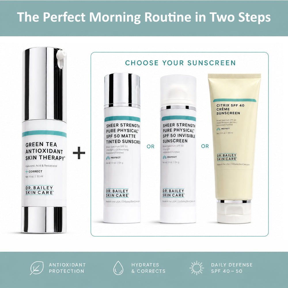 Dr. Bailey Skin Care products with green tea and SPF sun defense on a white background