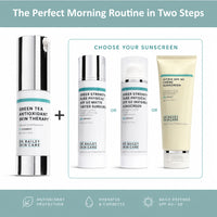 Dr. Bailey Skin Care products with green tea and SPF sun defense on a white background
