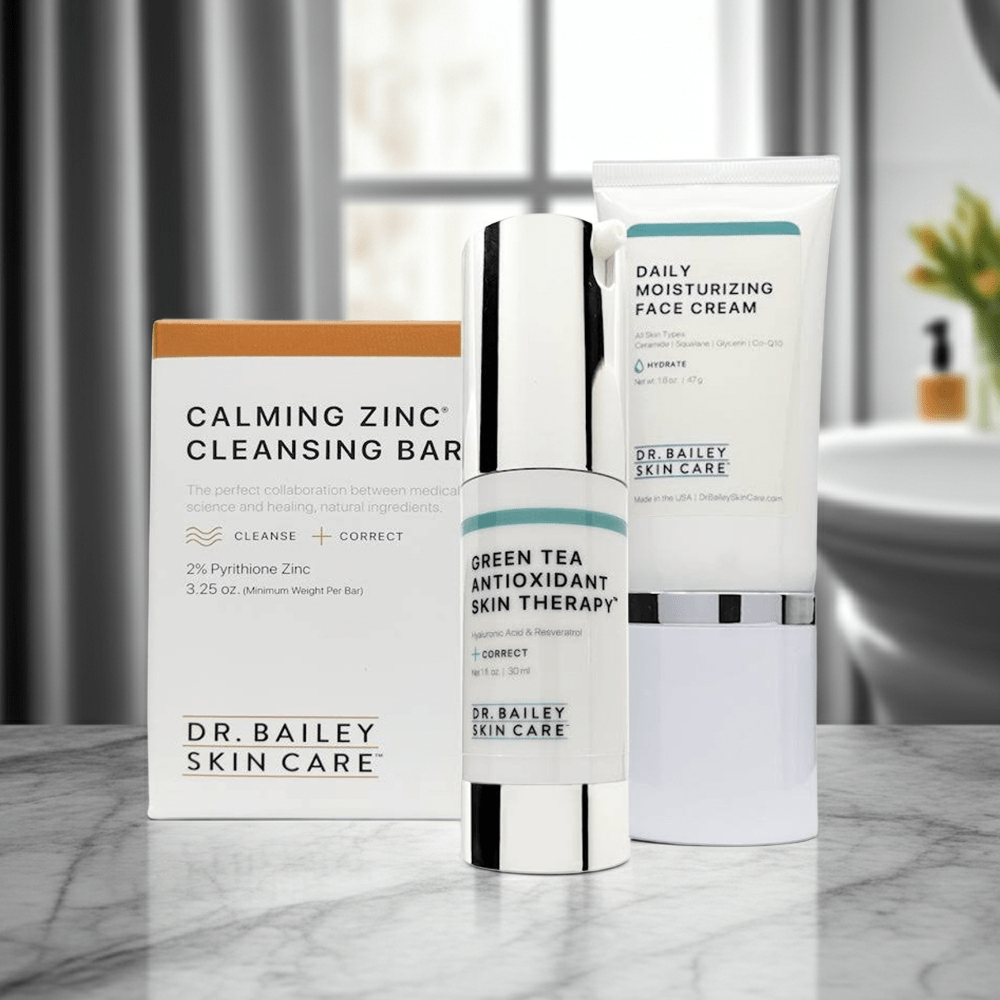Scientifically-backed Dr. Bailey Facial Flaking and Redness Solution Kit for effective, dermatologist-developed daily skin repair.