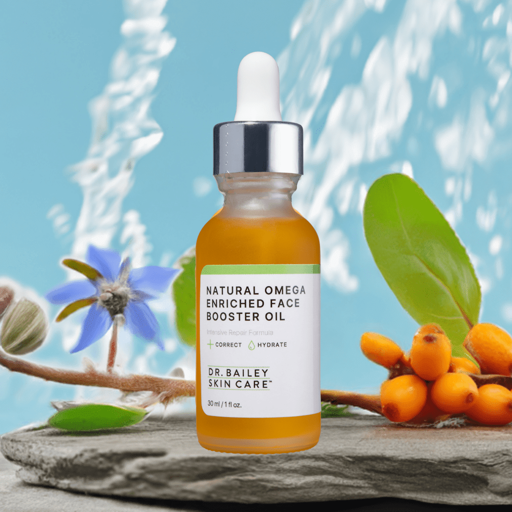 Omega Enriched Face Booster Oil, a dermatologist-developed botanical serum with organic sea buckthorn and borage oil, provides deep hydration and barrier repair for dry, sensitive skin.