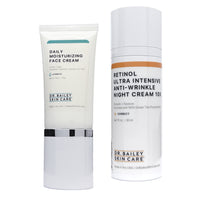 Two Dr. Bailey Skin Care skincare products on a white background: a Daily Moisturizing Face Cream tube and a Retinol Ultra Intensive Anti-Wrinkle Night Cream 10% cylindrical bottle.